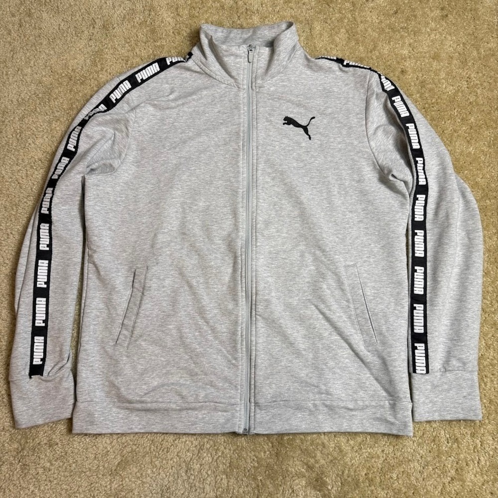 Puma Track Jacket Men's Large Gray Full Zip‎ Logo Tape Athletic Sweatshirt